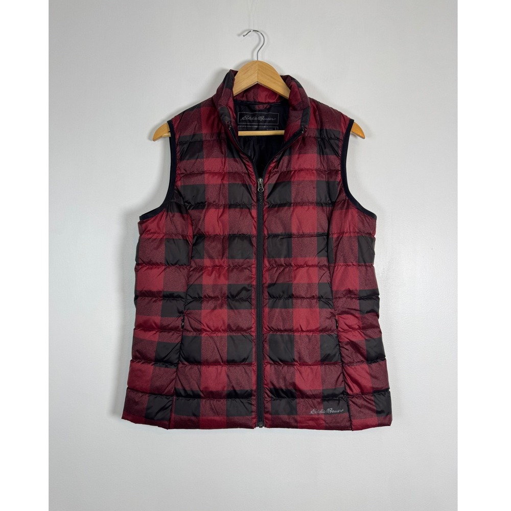Gorpcore Eddie Bauer Womens Large EB650 Down Vest Red Black Buffalo Plaid Puffer